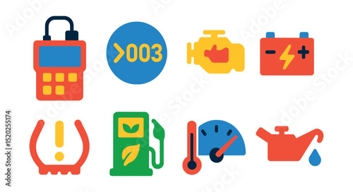 Flat vector icons of car diagnostics: OBD scanner, error code, engine check light, battery test, tire pressure, fuel efficiency, temperature gauge, oil level.