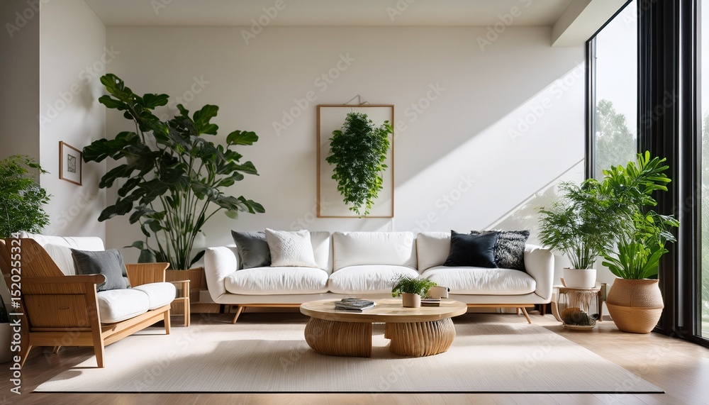 Fototapeta premium bright and modern living room featuring white sofa wooden furniture and indoor plants creating cozy atmosphere natural light enhances space