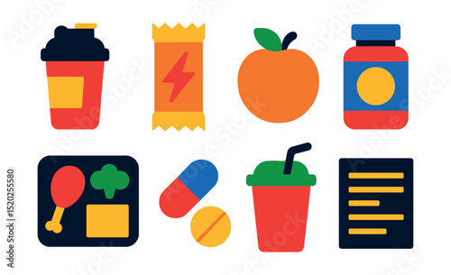 Flat vector icons of sports nutrition: protein shake, energy bar, fruit, supplement bottle, meal prep, vitamin pills, smoothie, nutrition label.