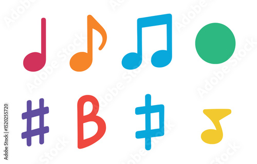 Flat vector icons of music notes and symbols: quarter note, eighth note, sixteenth note, whole note, sharp, flat, natural, rest symbol.
