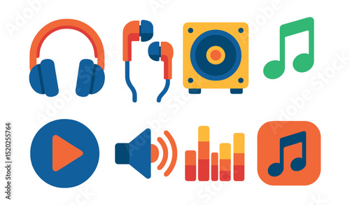 Flat vector icons of music listening: headphones, earphones, speaker, music note, play button, volume control, equalizer, music app.