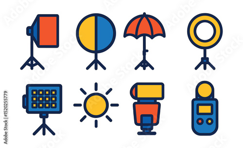 Flat vector icons of photography lighting: softbox, reflector, umbrella light, ring light, LED panel, natural light, flashgun, light meter.