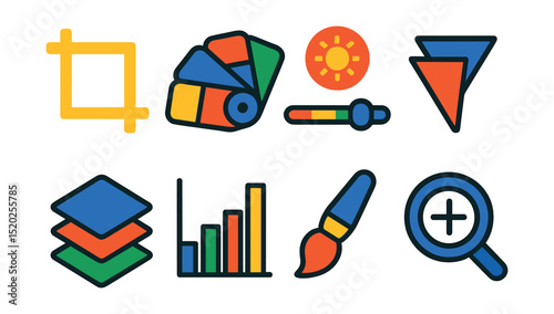 Flat vector icons of photo editing: crop tool, color palette, brightness slider, filters, layers, histogram, retouch brush, zoom.