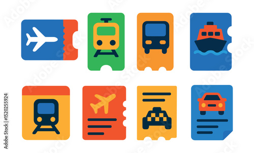 Flat vector icons of transportation tickets: plane ticket, train ticket, bus ticket, ferry ticket, metro card, boarding pass, taxi receipt, rental car agreement.