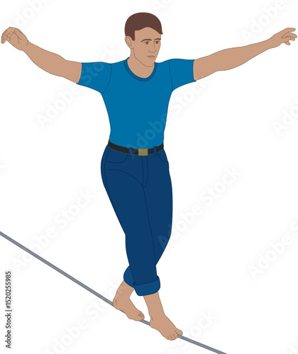 tightrope walking, male walker balancing on a rope suspended high above isolated on a white background