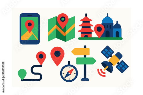 Flat vector icons of travel navigation: GPS, map, compass, landmarks, route, pin, street signs, satellite.