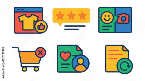 Flat vector icons of shopping experience: product review, star rating, customer feedback, product comparison, cart abandonment, wish list, customer account, order history.