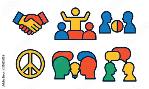 Flat vector icons of conflict resolution: handshake, mediation, discussion, compromise, agreement, peace sign, dialogue, mutual understanding.