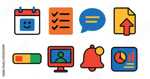 Flat vector icons of project collaboration apps: calendar, task list, chat bubble, file sharing, progress bar, video call, notification, dashboard.