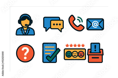 Flat vector icons of customer service: help desk, live chat, phone support, email support, FAQ, feedback form, satisfaction rating, complaint box.
