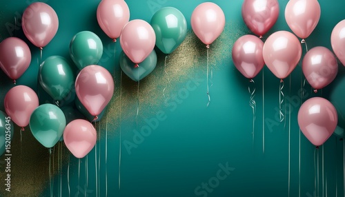 elegant pink and green balloons floating against a teal background