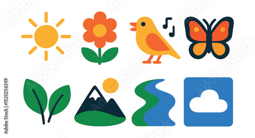Flat vector icons of happiness in nature: sun shining, blooming flower, chirping bird, fluttering butterfly, green leaves, mountain view, flowing river, clear sky.