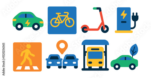 Flat vector icons of sustainable transportation: electric car, bike lane, scooter, charging station, pedestrian crossing, car sharing, bus stop, hybrid vehicle.