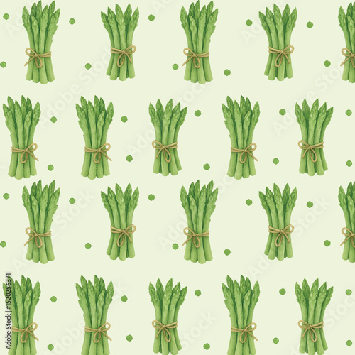 Seamless watercolor pattern with asparagus bundles and arugula leaves on transparent background