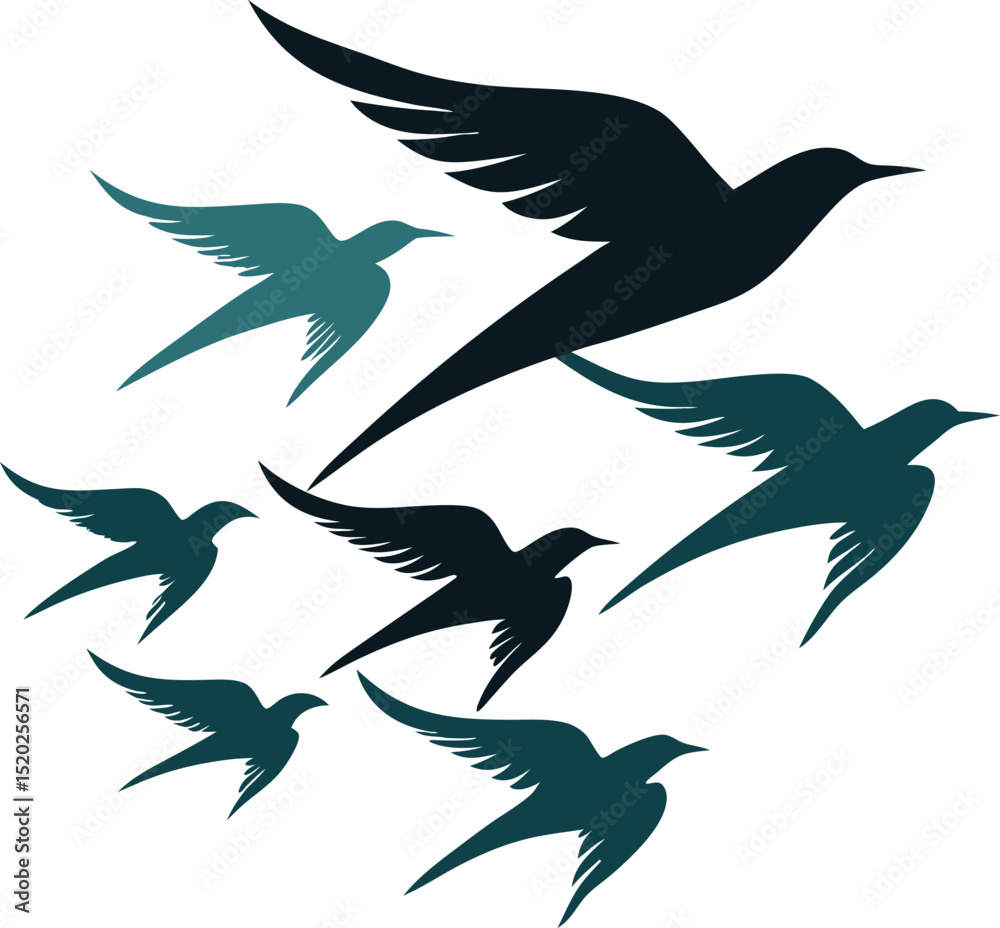 Fototapeta premium Flying bird silhouettes, a vector set illustrating diverse wild birds in flight against nature's sky
