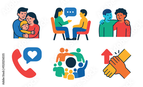 Flat vector icons of support systems: family hug, therapist, friend listening, support group, hotline phone, community, encouragement, teamwork.