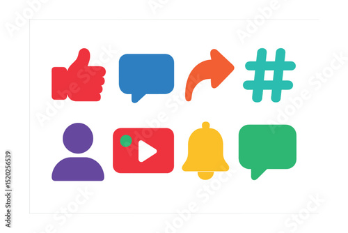 Flat vector icons of social media: like button, comment bubble, share arrow, hashtag, follower icon, live video, notification bell, chat bubble.