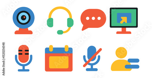 Flat vector icons of virtual meeting tools: webcam, headset, chat bubble, shared screen, microphone, calendar invite, mute button, participant list.