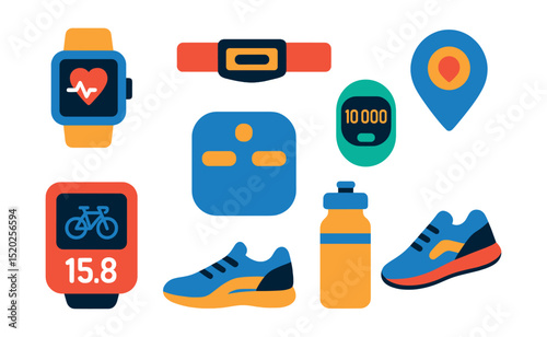 Flat vector icons of fitness tracking devices: smartwatch, heart rate monitor, pedometer, GPS tracker, cycling computer, smart scale, hydration bottle, running shoes.