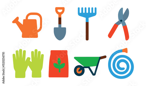 Flat vector icons of gardening tools: watering can, shovel, rake, pruning shears, garden gloves, seed packet, wheelbarrow, garden hose.