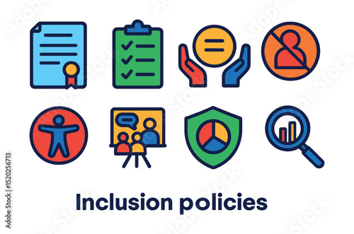 Flat vector icons of inclusion policies: legal document, checklist, equal opportunity, anti-discrimination, accessibility compliance, diversity training, reporting, audit.