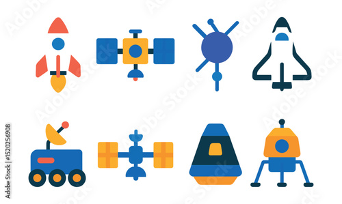 Flat vector icons of space exploration vehicles: rocket, satellite, space probe, space shuttle, rover, space station, capsule, lunar lander.
