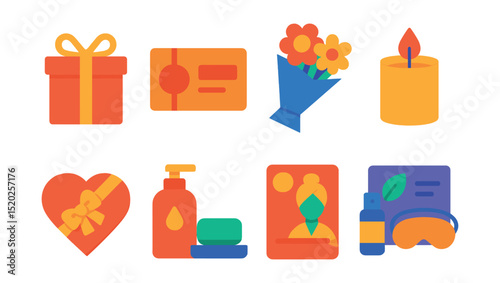 Flat vector icons of spa gift ideas: gift box, voucher card, flower bouquet, scented candle, chocolate box, bath set, spa day pass, relaxation kit.