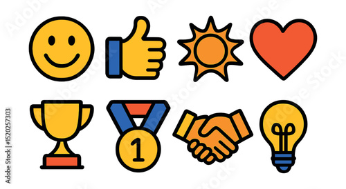 Flat vector icons of positive psychology: smiley face, thumbs up, sun, heart, trophy, medal, handshake, light bulb.