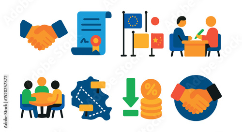 Flat vector icons of international trade agreements: handshake, treaty document, flags of countries, signing ceremony, negotiation table, trade zone, tariff reduction, partnership.