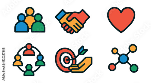 Flat vector icons of support networks: group of people, handshake, heart, speech bubbles, community circle, shared goal, helping hands, network nodes.