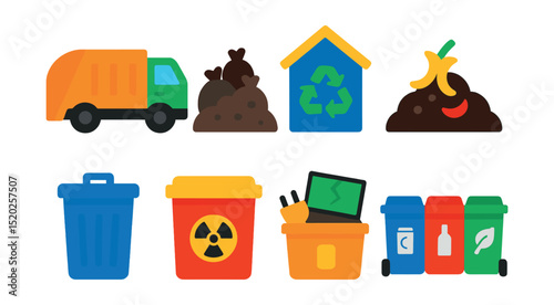 Flat vector icons of waste management: garbage truck, landfill, recycling center, compost pile, trash bin, hazardous waste, electronic waste, waste sorting.