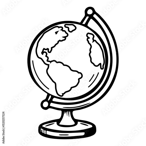 Sketch style globe featuring continents in classic black and white design isolated on transparent background. Great for geography, travel, and educational themed content. Vector art