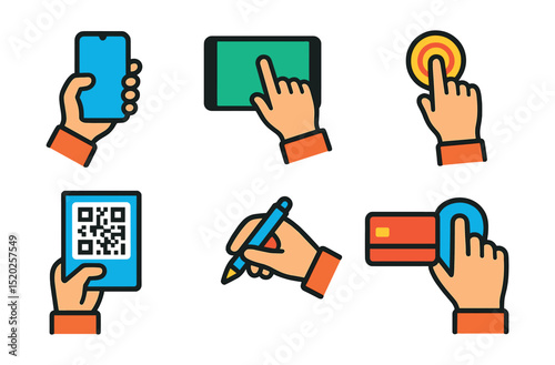 Flat vector icons of hand in technology: hand holding smartphone, hand using tablet, hand typing on laptop, touch screen interaction, hand with stylus, hand scanning QR code, hand holding credit card
