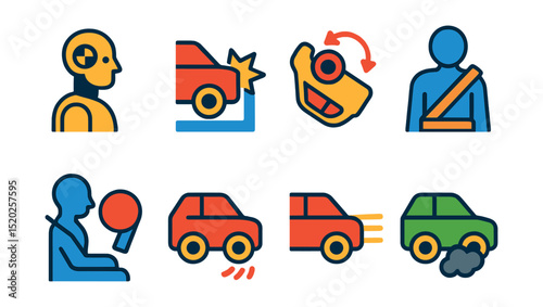 Flat vector icons of automotive safety tests: crash test dummy, impact test, rollover test, seatbelt test, airbag deployment, brake test, headlight test, emissions test.