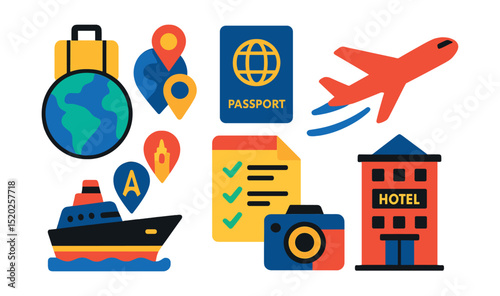 Flat vector icons of global tourism: globe with suitcase, passport, landmark pins, airplane flying, cruise ship, hotel building, travel itinerary, camera.
