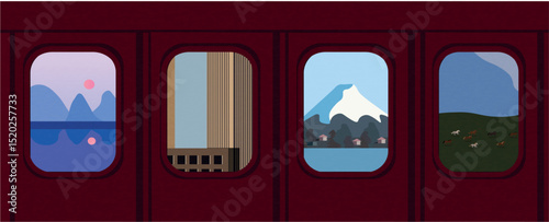window of the train in motion with landscape vector illustration. Mountins, Fuji, Japan, Asia, city, building, modern, river, horses.