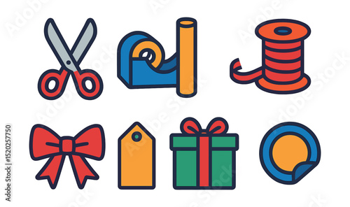 Flat vector icons of gift wrapping tools: scissors, tape dispenser, wrapping paper roll, ribbon spool, bow, gift tag, gift box, sticker seal.