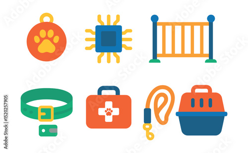 Flat vector icons of pet safety: pet ID tag, microchip, pet fence, safety gate, reflective collar, emergency kit, leash, pet carrier.