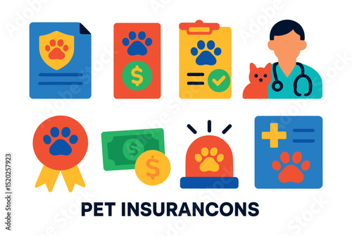 Flat vector icons of pet insurance: insurance policy, medical bill, claim form, vet visit, coverage badge, payment, emergency, health record.