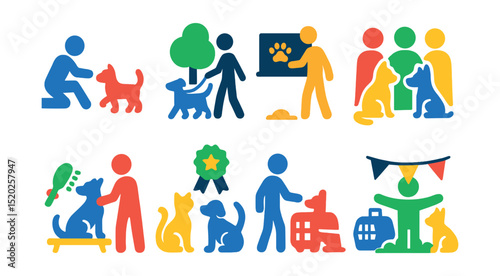 Flat vector icons of pet socializing events: playdate, dog park, training class, pet meetup, grooming party, pet show, adoption event, pet festival.
