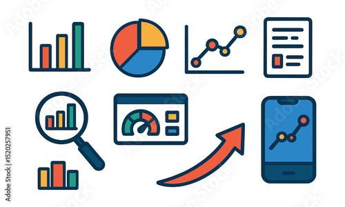 Flat vector icons of data analytics: bar chart, pie chart, line graph, data report, magnifying glass on data, KPI dashboard, trend arrow, analytics app.