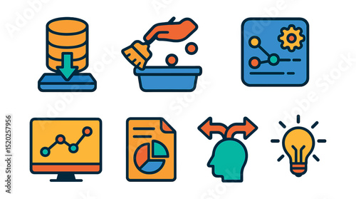 Flat vector icons of data analytics workflow: data collection, data cleaning, data modeling, algorithm, prediction, report, decision making, insight.