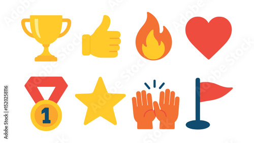 Flat vector icons of fitness motivation: trophy, thumbs up, fire flame, heart, medal, star, high five, goal flag.