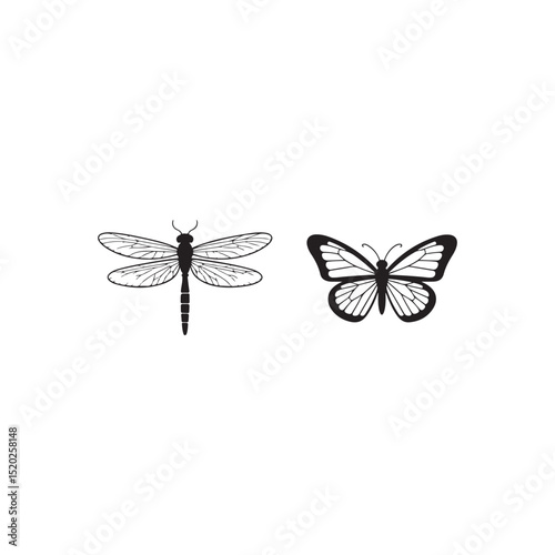 Two Simple Black Butterfly Silhouettes.This image features two elegant, black silhouette butterflies against a white background.