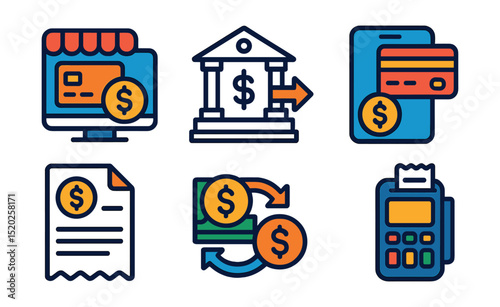 Flat vector line icons of financial transactions: payment gateway, bank transfer, mobile payment, transaction receipt, invoice, cash exchange, currency exchange, POS terminal.