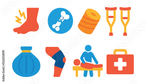 Flat vector icons of sports injuries: sprained ankle, broken bone, bandage, crutches, ice pack, brace, physical therapy, first aid kit.