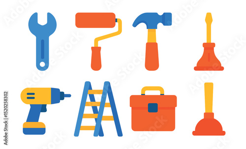 Flat vector icons of home maintenance tools: wrench, paint roller, hammer, screwdriver, drill, ladder, toolbox, plunger.