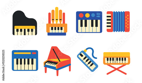 Flat vector icons of keyboard instruments: piano, organ, synthesizer, accordion, electric keyboard, harpsichord, melodica, clavichord.