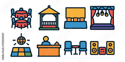 Flat vector icons of venues and settings: banquet hall, outdoor gazebo, conference room, stage with lights, dance floor, reception desk, seating arrangement, sound system.