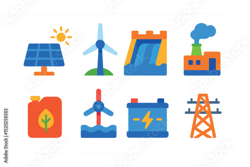 Flat vector icons of renewable energy sources: solar panel, wind turbine, hydroelectric dam, geothermal plant, biomass fuel, tidal power, energy storage battery, electric grid.